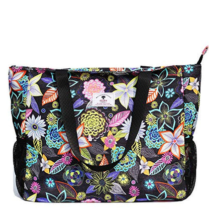 ESVAN LARGE BEACH BAG Water Resistant Lightweight 20 inch Women Oversize Tote Bag for Gym Beach Travel Pool Yoga Nurse - color: Black Embroid