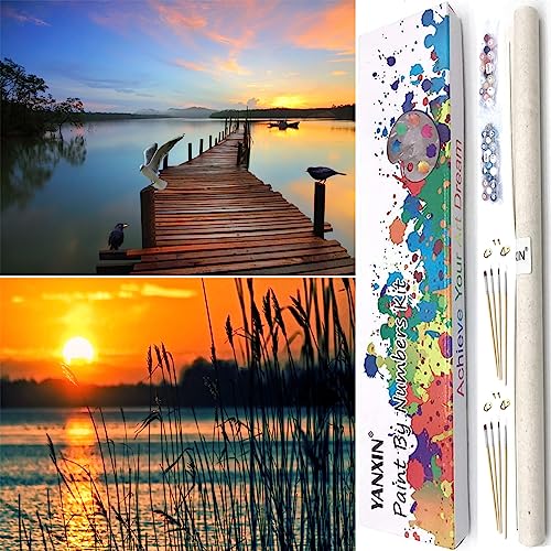 YANXIN Paint by Numbers Kit for Adults Beginners 2 Pack Paint by Numbers for Adults Rolled up Canvas for Home Decoration Creative Wall Art with Colorful Gift Box 12x16 inch Lake Sunset 171-172 - color: YX8001-171-172