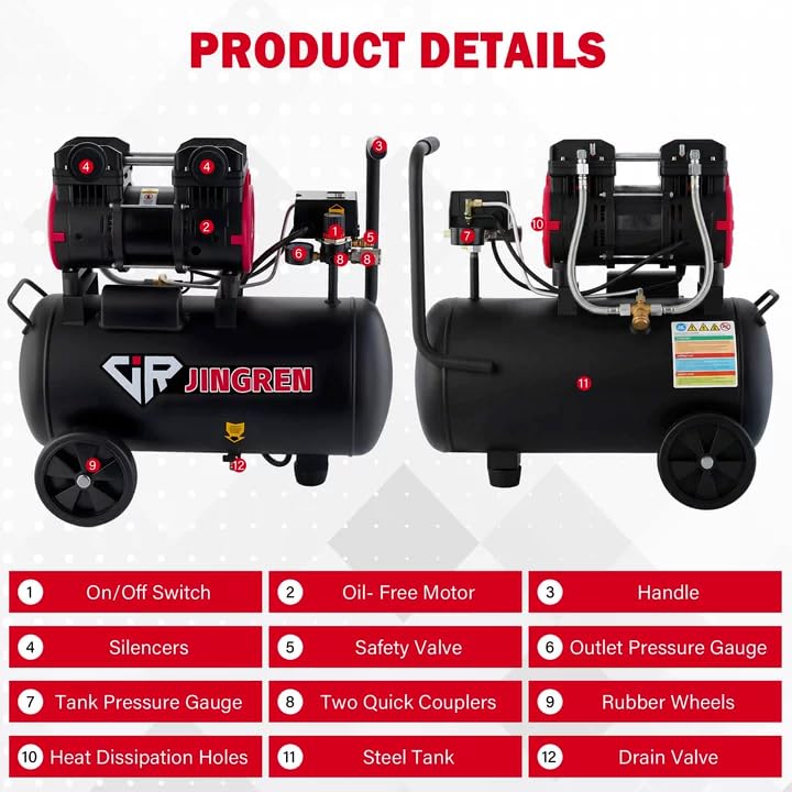 8 Gallon Quiet Oil Free Air Compressor With Air hose, Only 68dB, 2HP | Oilless Quiet Air Compressor, 4.2CFM, Max 120 PSI, 8 Gallon Air Tank for Car Repair, Spray Painting, Nailing With Air Hose