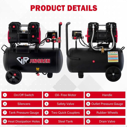 8 Gallon Quiet Oil Free Air Compressor With Air hose, Only 68dB, 2HP | Oilless Quiet Air Compressor, 4.2CFM, Max 120 PSI, 8 Gallon Air Tank for Car Repair, Spray Painting, Nailing With Air Hose