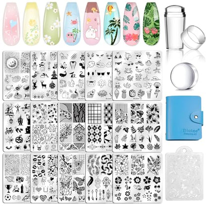 Biutee Nail Stamping Plates Set 15PCS Nail Stamping Kit with Nail Art Stamper & Scraper Nail Stamp Template Kit Lace Flower Butterfly Animal Pattern Nail Art Stencils for Manicure Salon Home DIY - color: 15 Piece Set