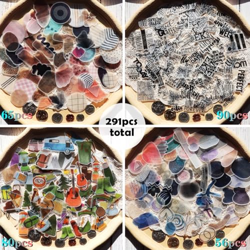 CATaireen Vintage Junk Journal Items Die Cut Cutout Translucent Paper Stickers Art Aesthetic Scrapbook Kit Clear Back Decal Travel Journaling Diary Stuff Collage Supplies (291pcs Embellishment)