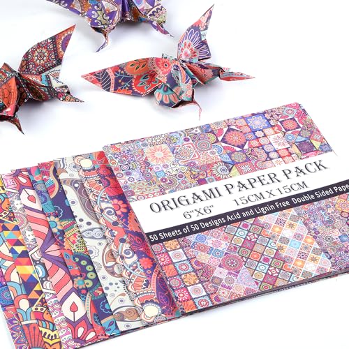Origami Paper 50 Sheets, 6-Inch Square Double Sided Colored Craft Paper | 70GSM colorful paper,50 Vivid Pattern Origami Kit,DIY Hand Crafts,Arts Creativity,Easy to Fold,No-Fading.Ethnic Style - color: 50 sheets-ethnic style