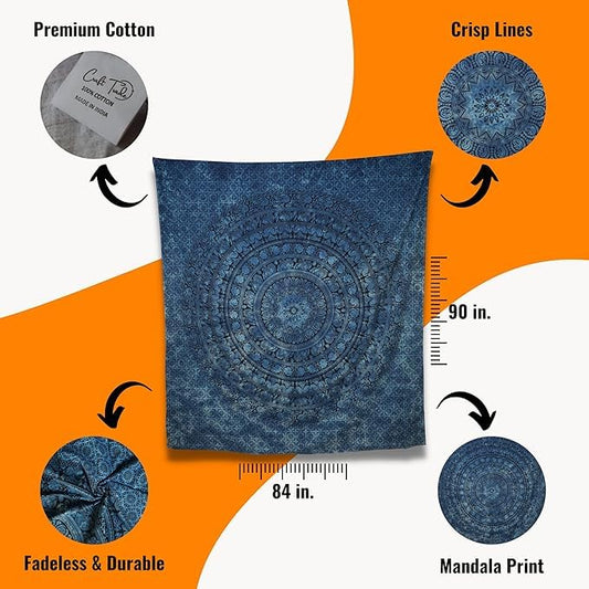 Craft Trade Indian Cotton Mandala Wall Hanging Tapestry for Aesthetic Boho Hippie Living Room, Meditation & Bedroom Décor - Blue - 54x84 Inches - color: Blue, size: 54"L x 84"W