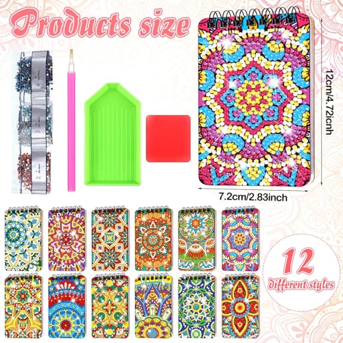 Fuyoooo 12 Pcs Mandala Diamond Art Notebook for Adults, 4.72 x 2.83 Inch | Mandala Diamond Art Kits, DIY Cover Notebook Diamond Painting for Beginners, 5d Journal Art Notepad Accessories - style: Mandala