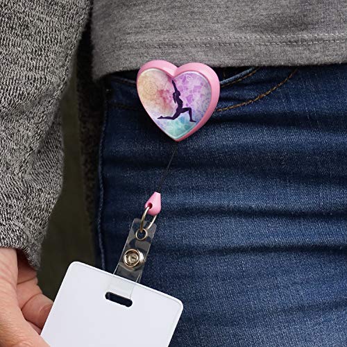 High Lunge Crescent Variation Yoga Pose Heart Lanyard Retractable Reel Badge ID Card Holder - color: Pink