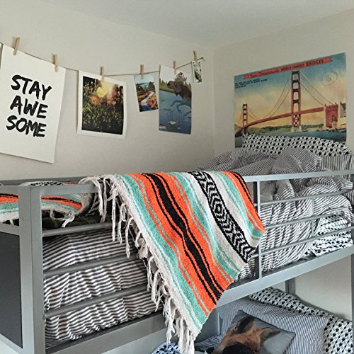 Del Mex Classic Mexican Blanket, Large Authentic Woven Falsa Throw (70"x50"), Artisan Southwest Décor for Beach, Yoga, Outdoors (Mint/Orange) - color: Mint/Orange