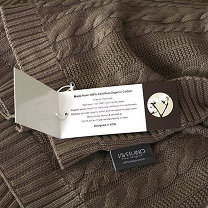 Viverano Organic Cotton Cable Knit Throw Blanket, 50 X 70, Super Soft (Earth Brown)