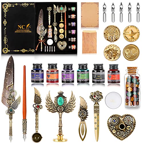 NC Quill Pen & Ink Set, Feather Calligraphy Pen, Wax Seal Stamp, Valentine's Day & Birthday Gift, Various Holiday Ideal Gift (Grey) - color: Grey