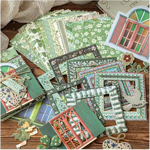 Diuhofart Scrapbooking Supplies Kit, 45 Pieces Green Aesthetic Junk Journal Kit with Scrapbook Paper, Embossed Collage Cards and Stickers for Journaling Supplies, DIY Art Craft, Collage - color: 45 Green Scrapbooking Supplies Kit