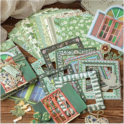 Diuhofart Scrapbooking Supplies Kit, 45 Pieces Green Aesthetic Junk Journal Kit with Scrapbook Paper, Embossed Collage Cards and Stickers for Journaling Supplies, DIY Art Craft, Collage - color: 45 Green Scrapbooking Supplies Kit