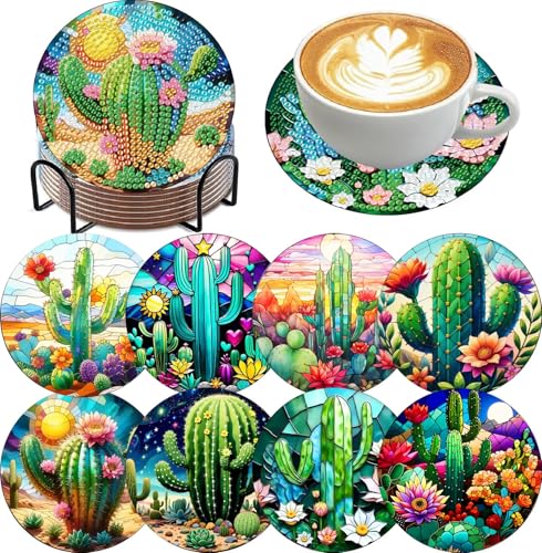 Mrnsiet 8PCS Diamond Art Coasters with Holder, DIY Cactus Diamond Painting Coasters Kits for Adults, Non Slip Cactus Mosaic Dot Painting Coaster Gift Set for Beginners 4x4 Inch - color: BDWY354-US
