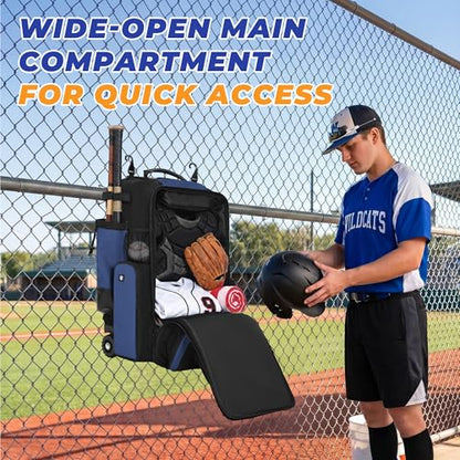 Rolling Baseball Bag with Wheels, 70L Baseball Backpack - color: Blue