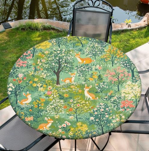 Waterproof Tablecloth with Elastic Tablecloth for Round Tables 36"-70" for Indoor Outdoor Patio Use, 44Inch, Deer - color: C-deer, size: 44" (Round)