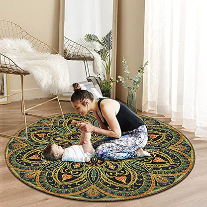 Knsbk Large Round Yoga Mat 4.6'X3.5mm for Exercise Premium Extra Thick, Ultra Comfortable, Non Slip, Meditation Mat - color: green blossom