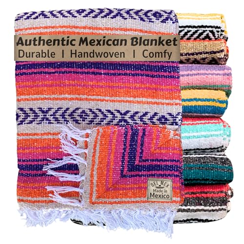 Del Mex Classic Mexican Blanket, Large Authentic Woven Falsa Throw (70"x50"), Artisan Southwest Décor for Beach, Yoga, Outdoors (Pink/Orange) - color: Pink/Orange