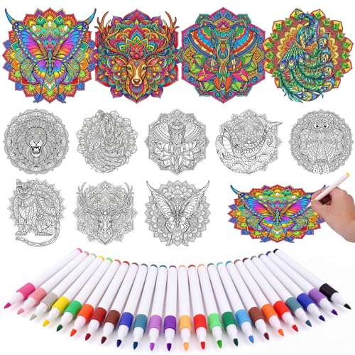 Potchen 48 Pcs Stained Glass Mandala Art Kit DIY Window Clings with Markers Color Your Own Suncatchers for Adults Hobby Teens Women Elderly Home Decor Gift (Animal) - style: Animal