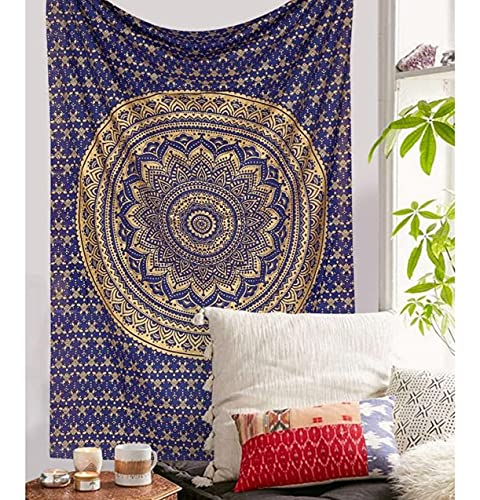 raajsee Blue Gold Mandala Tapestry For Bedroom- Aesthetic Tapestry - Indie Wall Tapestry Hippie Room Decor - Boho Tapestrys -Trippy Large Tapestry Wall Hanging 82x92 Inches - color: Blue Gold, size: 92"L x 82"W