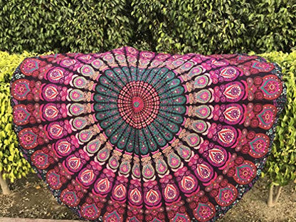 raajsee Mandala Round Beach Tapestry Hippie/Boho Beach Blanket Roundie/Indian Cotton Throw Bohemian Round Table Cloth/Yoga Mat Meditation Picnic Rugs 70 inch Circle (PURPLE) - color: PURPLE