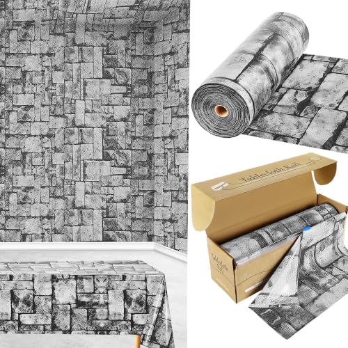 300FT x 54IN Stone Wall Plastic Tablecloth Roll with Slide Cutter Box | Heavy Duty Disposable Table Cover & Wall Backdrop, Cut-to-size for Medieval Party, Community, BBQ & Holiday Events - color: Deep Gray, size: 3600" x 54" (Rectangular)