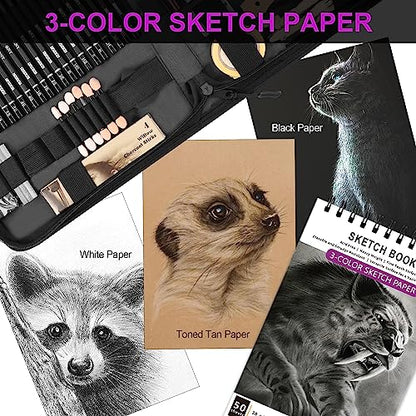 HIFORNY 70 PCS Drawing Set Sketching Kit,Sketch Pencils Art Supplies with Graphite,Charcoal,Blending Tools & Accessories,Portable Zippered Travel Case for Artists & Beginners