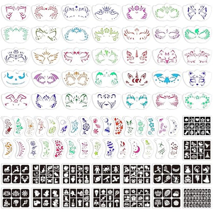 58PCS Face Paint Stencils, Halloween Festival DIY Body Art | Reusable, Washable, 50 Face Painting Stencils, 8 Sheets Tattoo Templates Stickers, Makeup Party, Painting Supplies