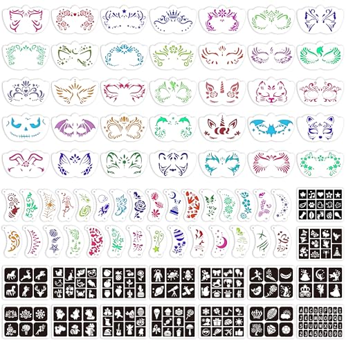 58PCS Face Paint Stencils, Halloween Festival DIY Body Art | Reusable, Washable, 50 Face Painting Stencils, 8 Sheets Tattoo Templates Stickers, Makeup Party, Painting Supplies