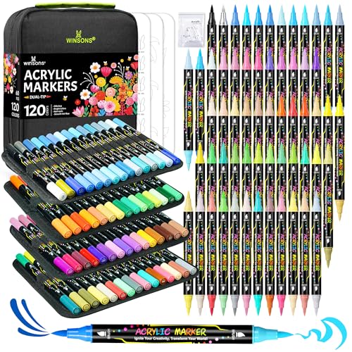 120 Colors Acrylic Paint Markers, Dual-Tip Brush Paint Pens for Painting | Permanent Drawing Markers Set For Wood, Rock , Fabric, Canvas, Glass, Ceramic, DIY Craft Art Supplies, 60 Pack