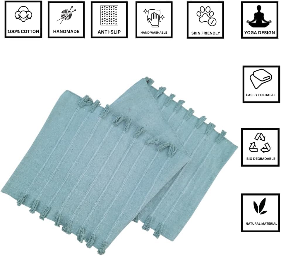 Indian Handmade100 % Organic Anti Skid Multi Colour Cotton Yoga Mat - Eco-Friendly Hand-Woven Rug - Non-Slip & Thick (24”x72”x5mm) for Hot yoga & Everyday Fitness at Home - Comfortable & Foldable Extra-Long Mat - color: Light Green