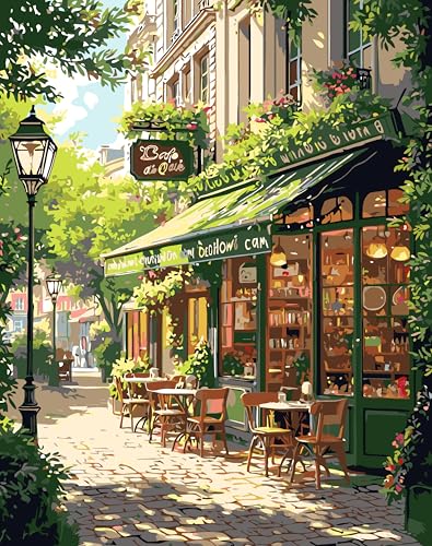 Mrnsiet Paint by Numbers Kit for Adults, Easy Street Cafe Adult Paint by Number Kits on Canvas, Spring Scene DIY Acrylic Oil Number Painting Kits for Home Wall Decor Gift 16x20 Inch - color: MT20888-US