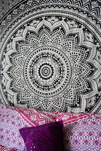 Popular Handicrafts Tapestry Wall Hanging Hippie Ombre Mandala Bohemian Hippy Psychedelic Design Indian Tapestries Bedspread 84 x 90 Inches (215cm x 230cm) Red Yellow - color: Black Grey, size: 90"L x 84"W