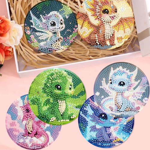 Mrnsiet 8PCS Diamond Art Coasters with Holder, DIY Dragon Diamond Painting Coasters Kits for Adults, Non Slip Cute Dragon Mosaic Dot Painting Coaster Gift Set for Beginners 4x4 Inch - color: BDWY353-US