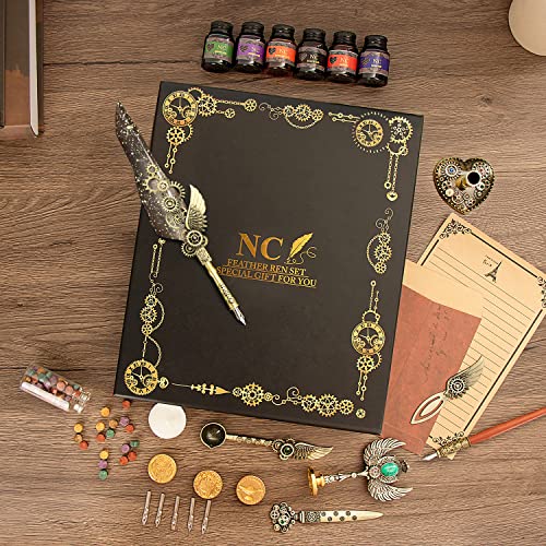 NC Quill Pen & Ink Set, Feather Calligraphy Pen, Wax Seal Stamp, Valentine's Day & Birthday Gift, Various Holiday Ideal Gift (Grey) - color: Grey
