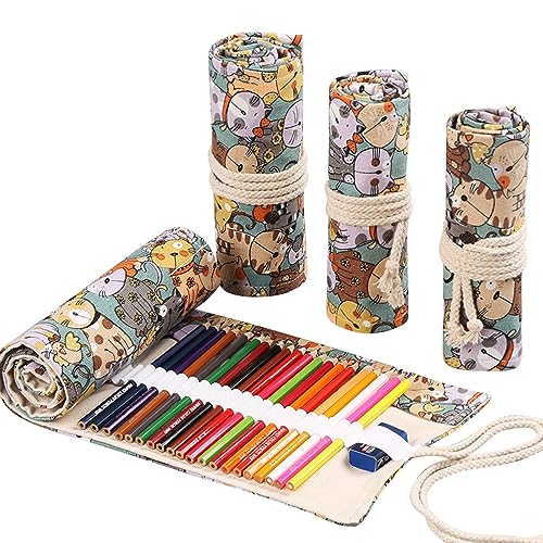 DIYOMR 24/36/72 Slots Pencil Wrap Pencil Rolls, Artist Colored Pencils Roll Up Bag Short Brushes Pouch Case Pencils Organizer for Drawing Coloring and Sketching,No Pencils (Cuddly Cat, 24slots) - color: Cuddly Cat, size: 24slots