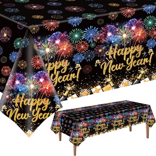 2 Pack New Years Tablecloths,Happy New Year Decorations Black and Gold Disposable Plastic Waterproof Table Covers for 2026 New Years Eve Party Supplies,54 x 108 Inch - color: Happy New Year