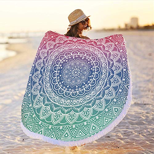 Oversize Round Mandala Beach Towel Blanket, Circle Microfiber Bohemian Boho Quick Dry Super Water Absorbent Towel, Hippy Gypsy Yoga Mat Picnic Table Mediation Throw Tapestry with Tassel Ultra ,59” - color: Green Pink Mandala Beach Towel