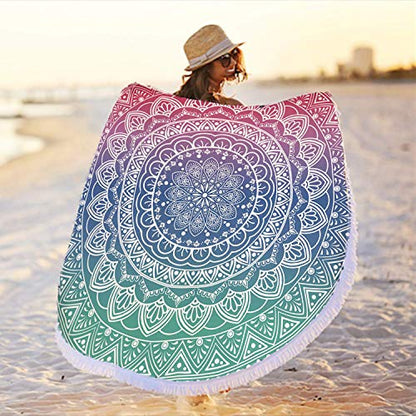 Oversize Round Mandala Beach Towel Blanket, Circle Microfiber Bohemian Boho Quick Dry Super Water Absorbent Towel, Hippy Gypsy Yoga Mat Picnic Table Mediation Throw Tapestry with Tassel Ultra ,59” - color: Green Pink Mandala Beach Towel