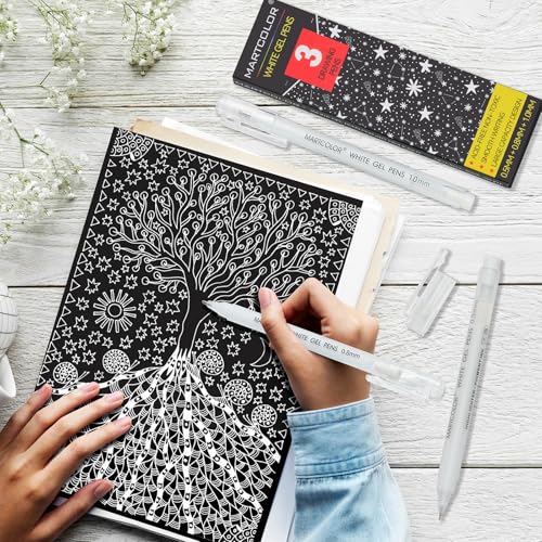 MARTCOLOR White Gel Pens, 3 Pack, 0.5mm, 0.8mm, 1.0mm White Gel Ink Pens | Opaque Archival Ink Pen for Black Paper Drawing, Art Highlight, Illustration, Bullet Journaling, Card Making & DIY Projects - style: White - 0.5+0.8+1.0mm