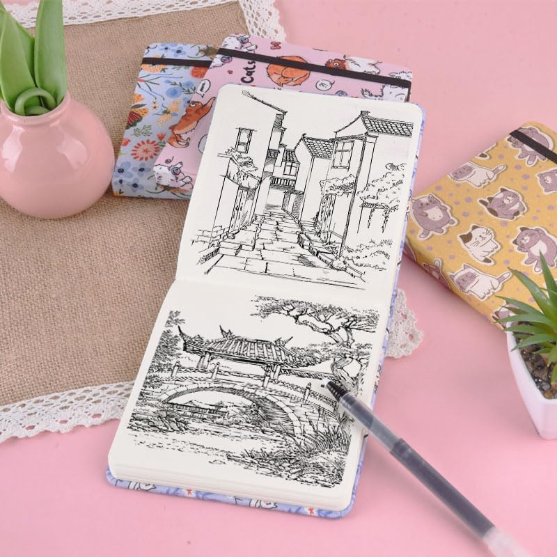 qianshan 4.8" x 4.8" Hardcover Sketchbook,Small Mixed Media Sketch Pad,96 Sheets 80gsm Acid-Free Artist Travel Journal Pocket Blank Notepad for Adults Drawing Painting,Art Supplies.Purple Bow Cat - color: 80gsm Cloth-purple bow cat