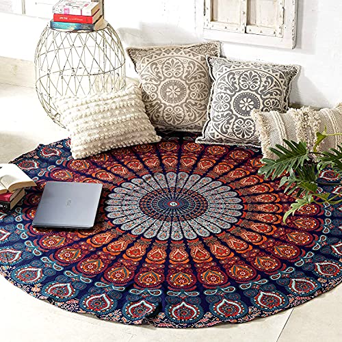 raajsee Navy Blue Mandala Round Beach Tapestry Hippie/Boho Mandala Beach Blanket Roundie/Indian Cotton Throw Bohemian Round Table Cloth/Home Decor/Yoga Mat Meditation Picnic Rugs 50 Inches Circle