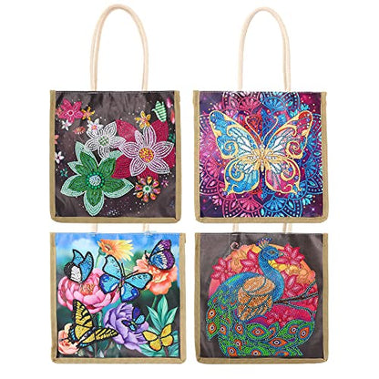 DOOSAI Diamond Painting Canvas Tote Bags 4 Pack Boho Diamond Dots Art Kits Shoulder Bags 5D DIY Handbags Handmade Gifts Reusable Shopping Bags with Handles for Women Adults(Peacock Butterflys Flower) - color: 4 Pack Peacock Butterflys Flowers