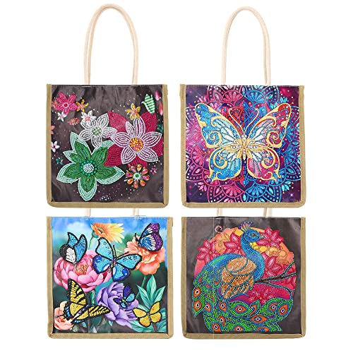 DOOSAI Diamond Painting Canvas Tote Bags 4 Pack Boho Diamond Dots Art Kits Shoulder Bags 5D DIY Handbags Handmade Gifts Reusable Shopping Bags with Handles for Women Adults(Peacock Butterflys Flower) - color: 4 Pack Peacock Butterflys Flowers