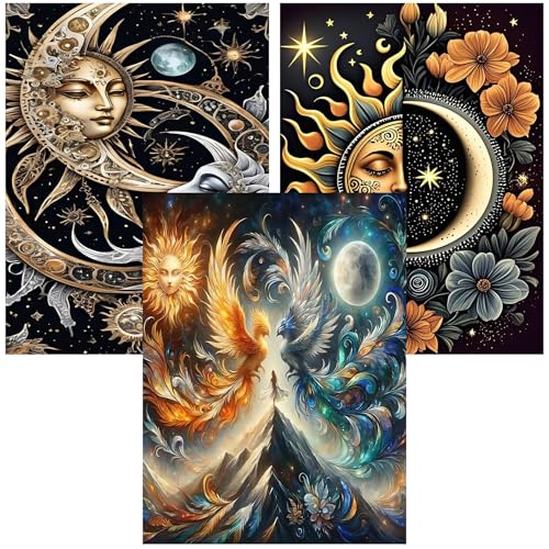 Ekuxom 3 Pack Diamond Art Kits for Adults-Sun and Moon Diamond Painting | Beginners DIY Full Drill Diamond Gem Art and Crafts for Home Wall Decor Gifts 12X16Inch - color: Sun and Moon-3pcs