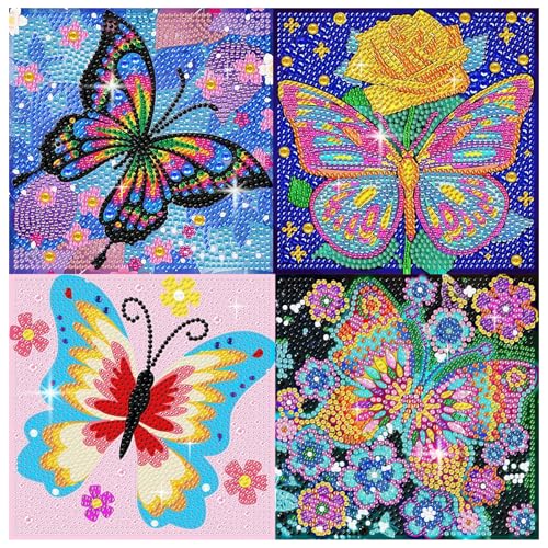 FlyingMage 5D Diamond Art Painting Kits for Adults, 4 Pack Cute Animal Full Drill Diamond Dots Paintings, DIY Diamond Crafts and Art Mosaic Kits, Kawaii Gem Paint with Diamonds Pictures, Butterfly - color: Multicolor Butterfly