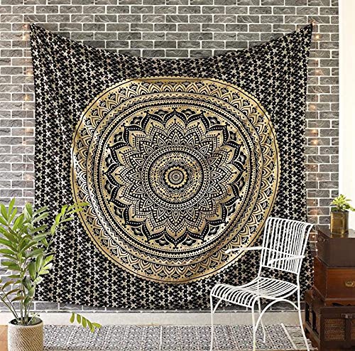 Rajsee Black Gold Mandala Tapestry for Bedroom - Aesthetic Indie Boho Trippy Wall Hanging 82x92 Inches - color: Black Gold, size: 92"L x 82"W