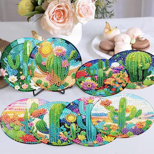 Mrnsiet 8PCS Diamond Art Coasters with Holder, DIY Cactus Diamond Painting Coasters Kits for Adults, Non Slip Cactus Mosaic Dot Painting Coaster Gift Set for Beginners 4x4 Inch - color: BDWY354-US