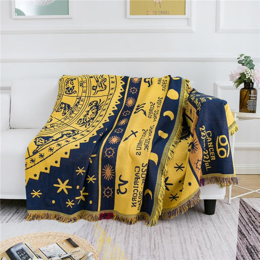 Boho Throw Blankets Woven Reversible Cotton Bohemian Tapestry Hippie Room Decor Witchy Astrology Zodiac Celestial Constellation Carpet Bed Recliner Chair Couch Sofa Cover Double Sided 70"x90" - color: Yellow Constellation, size: 70x90 inch