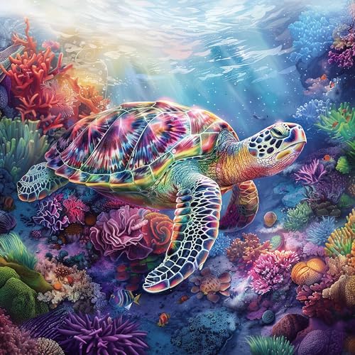 Sea Turtle Ocean 5D Diamond Art Kit, Full Drill 14x14 Inch for Adults Gift | 5D full drill diamond art kit. Sea turtle ocean wildlife nature design. Ideal adults beginners, ocean lovers, home decor gift - color: Sea Turtle