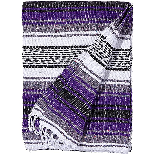 dwc Authentic Mexican Purple-Grey Blanket -Yoga Matt - Falsa - Serape - Camping, Picnic, Beach Blanket, Bedding, Car Blanket, Saddle Blanket, Soft Woven Home Decor (Purple-Grey Color)