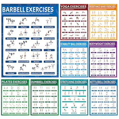 9Pcs Exercise Poster Set Workout Chart Posters Dumbbell Kettlebell Yoga Stretching Pilates Resistance Bands Stability Ball Body Weight Dumbbell Physical Educational Fitness Decoration for Home Gym